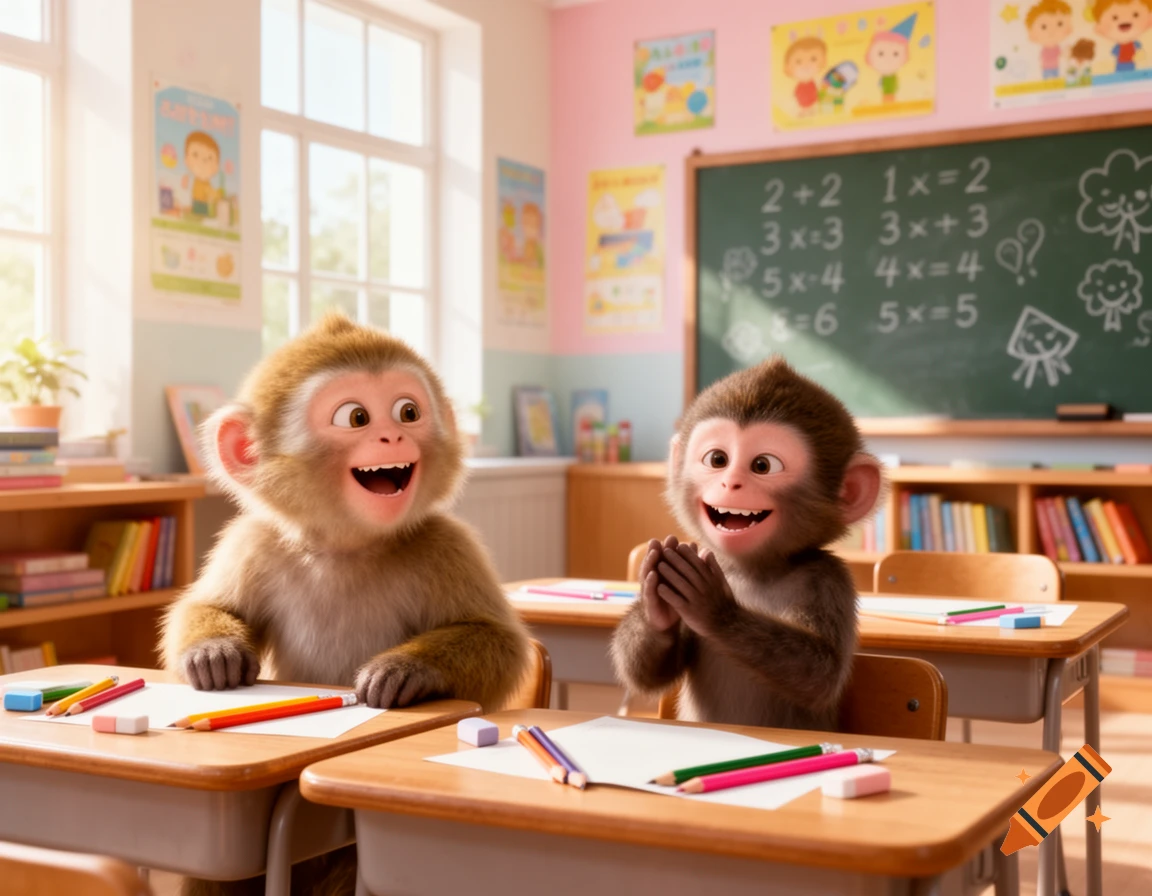 Two cheerful, furry cartoon monkeys sit at desks in a sunny classroom with a blackboard and bookshelves.