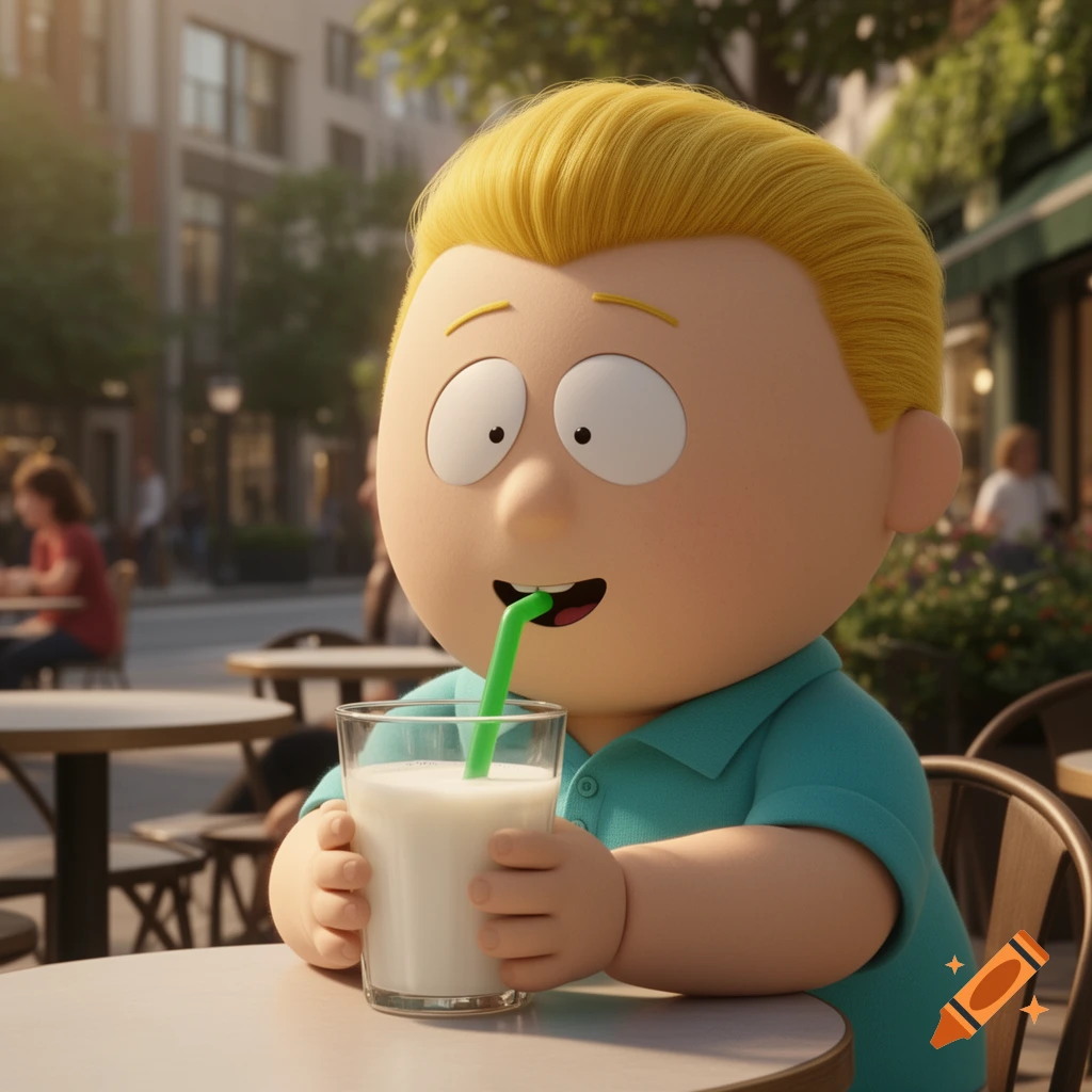 Butters from South Park, animated in 3D style, drinks milk through a green straw at an outdoor cafe.