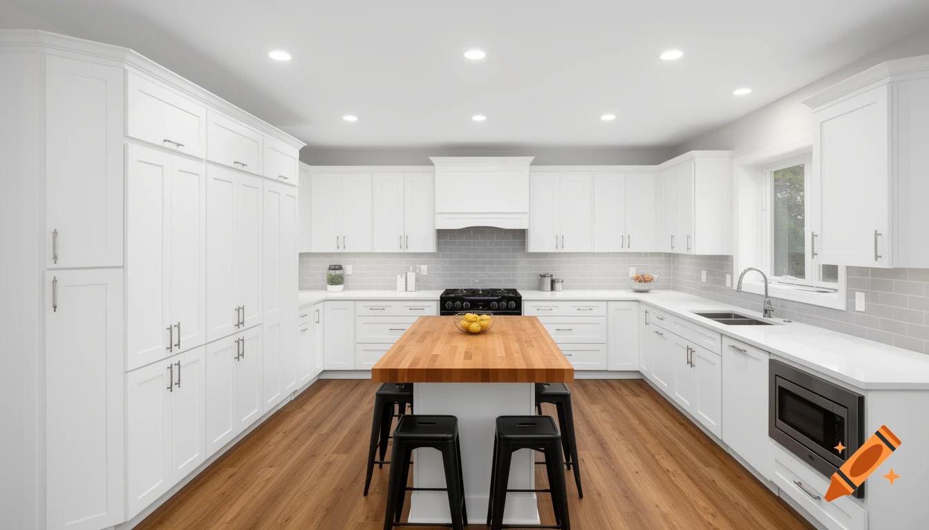 Modern L-shaped kitchen with white shaker cabinets, a central butcher block island with black stools, and grey subway tile backsplash.