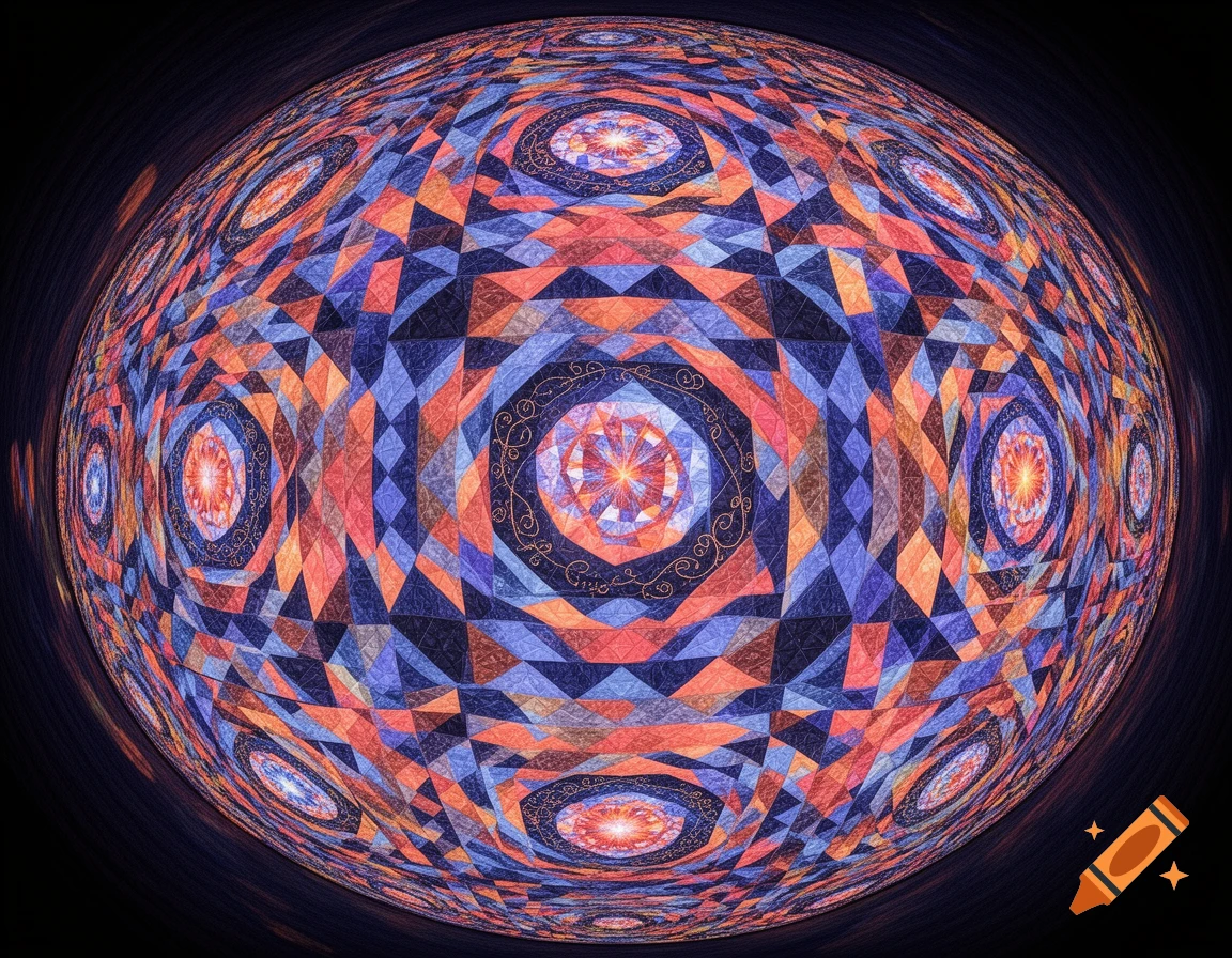 An intricate, colorful spherical quilt pattern with geometric shapes in blues, oranges, and reds, viewed through a fisheye lens.