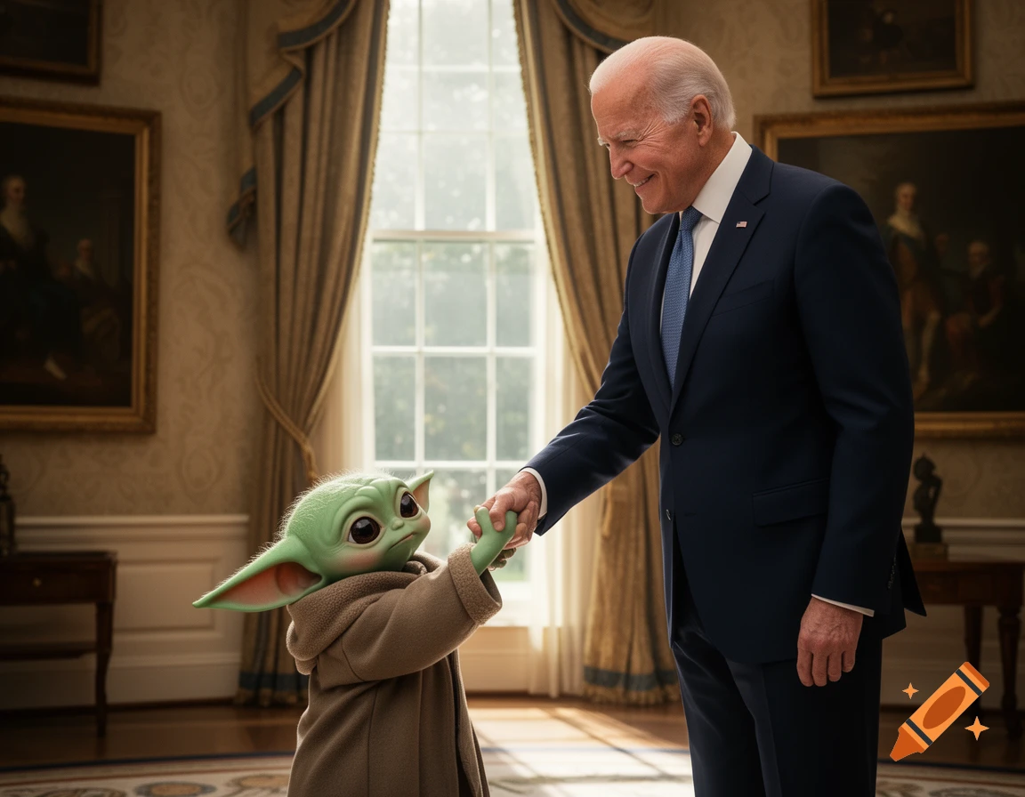 Joe Biden smiles while shaking hands with Grogu in a formal, well-lit room, photorealistic.