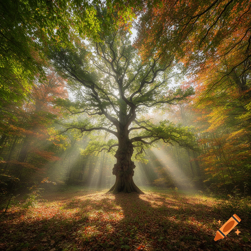 A majestic ancient tree stands in a sun-drenched forest with autumn leaves on the ground, glowing with light rays.