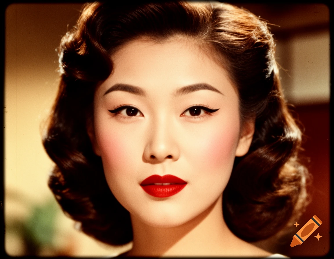 Close-up portrait of an East Asian woman with 1950s Hollywood glamour makeup and voluminous retro waves, featuring red lipstick and cat-eye eyeliner.
