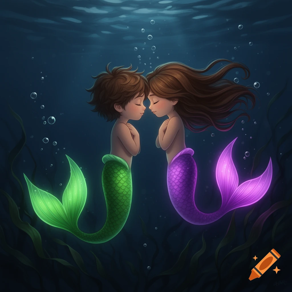Two stylized mermaid children, a boy with a green tail and a girl with a purple tail, press their heads together underwater at night.