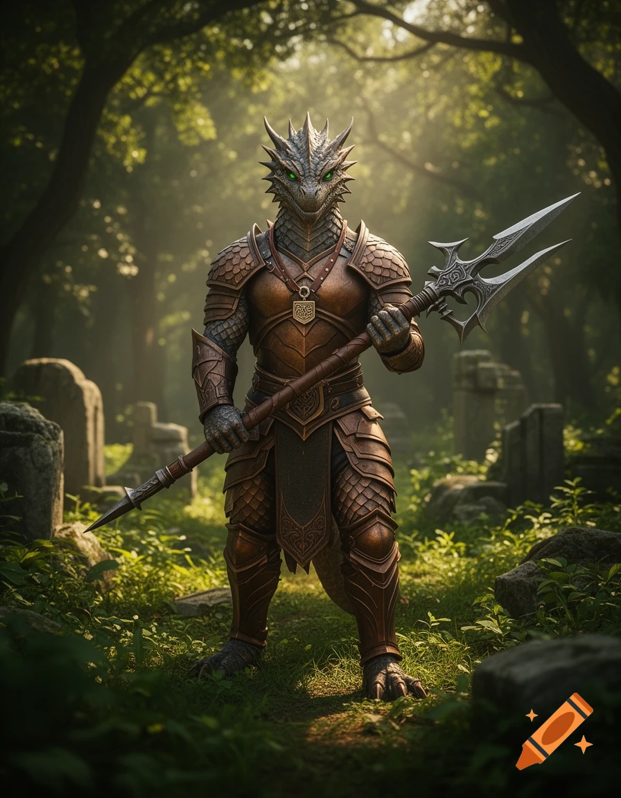 A bronze dragonborn warrior in ornate armor holds a halberd, standing in a sunlit forest with ancient ruins.