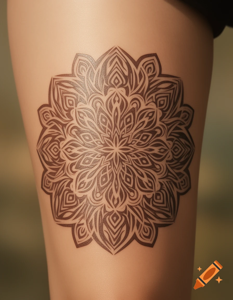 A close-up of a detailed brown mandala tattoo stencil on a light-skinned thigh.