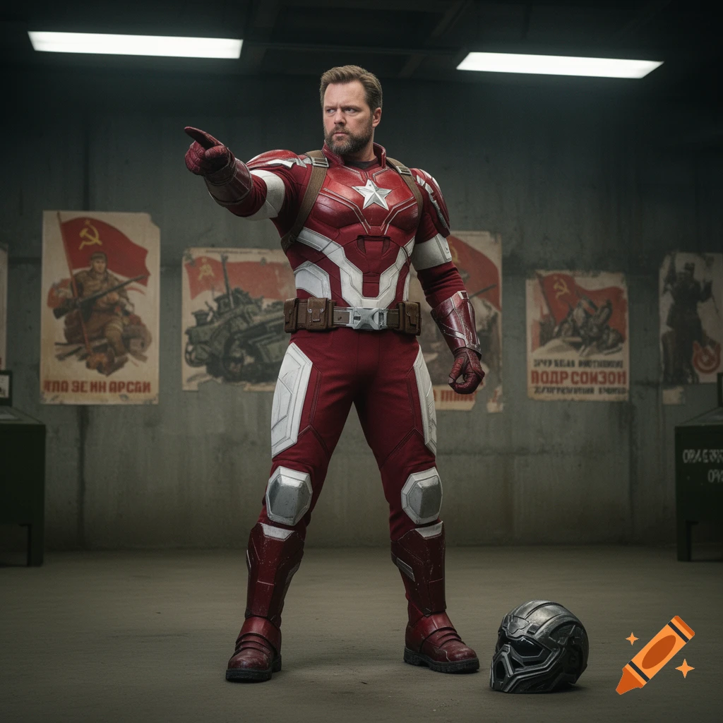 A man in a red, white, and silver superhero suit points to the left, with Soviet-era propaganda posters in the background.