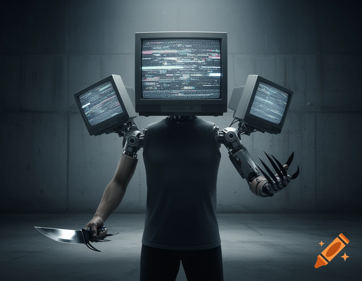 A humanoid with a TV head, shoulder monitors, a blade for one hand, and black claws for the other, in a dark, industrial room.