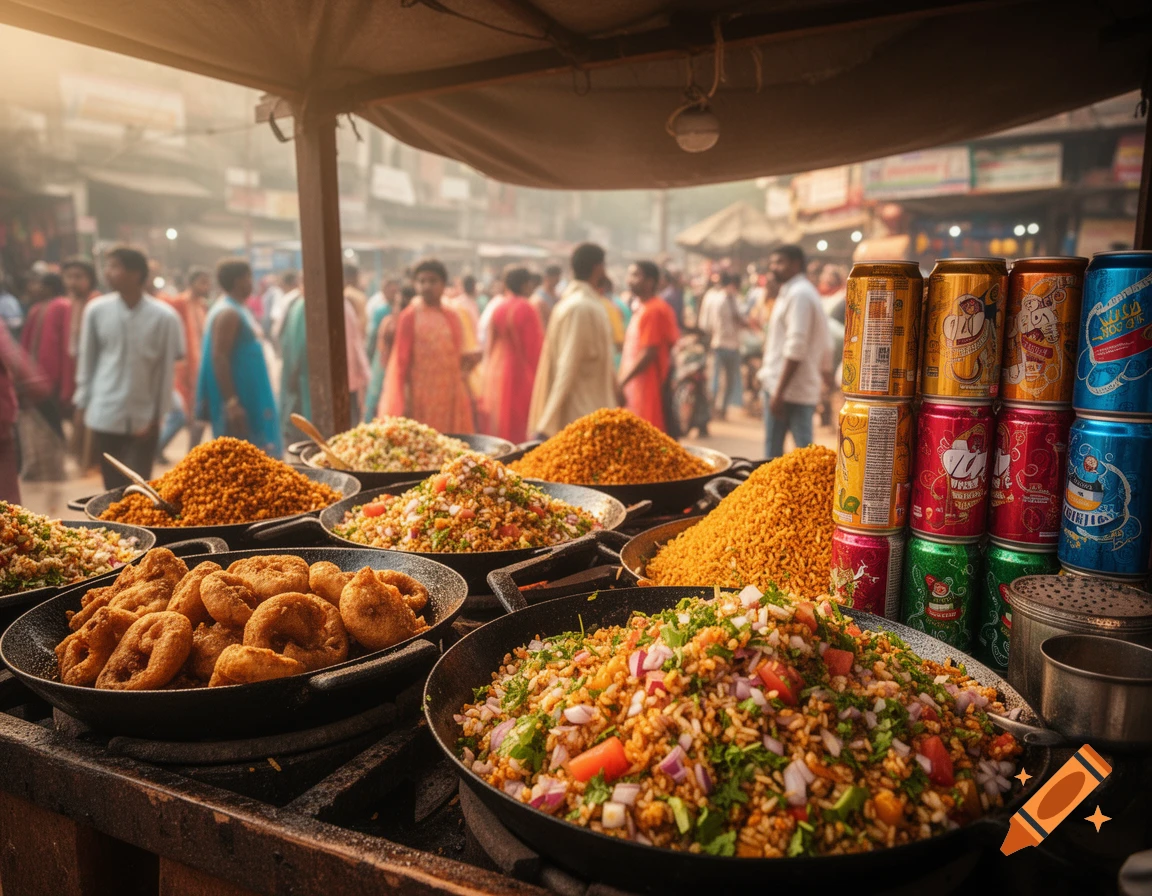 A vibrant, photorealistic scene of an Indian street food stall, displaying various dishes like bhel, bhajia, and other snacks in large pans, with stacks of canned drinks on the side and a bustling market crowd in the background.