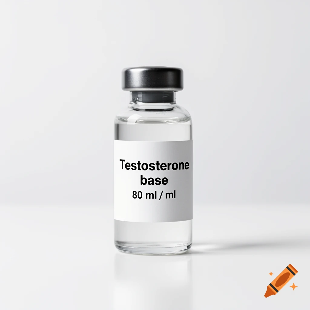 A photorealistic image of a clear glass vial with a gray cap, labeled 'Testosterone base 80 ml / ml'.