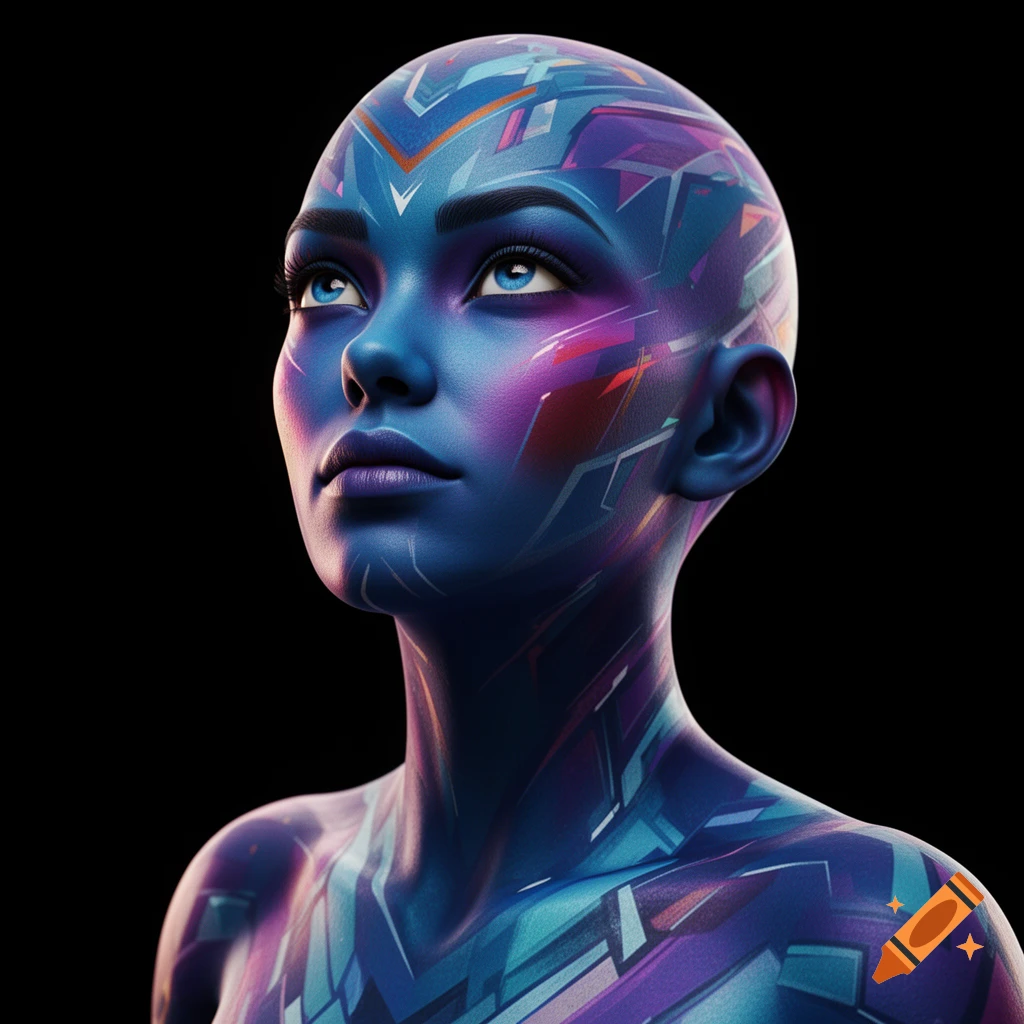 A futuristic portrait of a bald blue-skinned woman with vibrant purple and blue geometric patterns looking up against a black background.