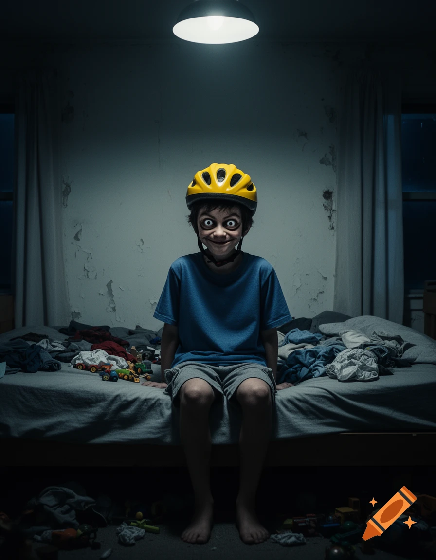 A creepy child with exaggerated eyes and a wide smile, wearing a yellow helmet, sits on a messy bed in a dimly lit, dilapidated room.