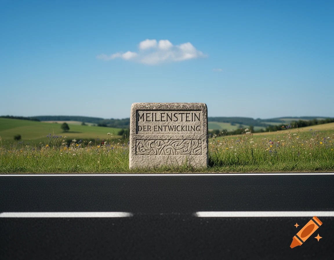 A stone monument with German text 'MEILENSTEIN DER ENTWICKLUNG' stands beside a road in a sunny, green rural landscape under a blue sky.