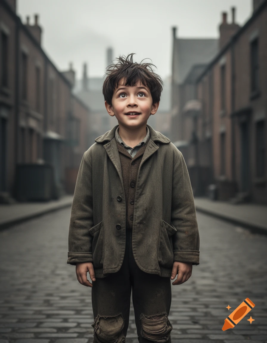 A young boy with messy dark hair and dirty, tattered old-fashioned clothes stands on a cobblestone street, looking up with a hopeful expression.