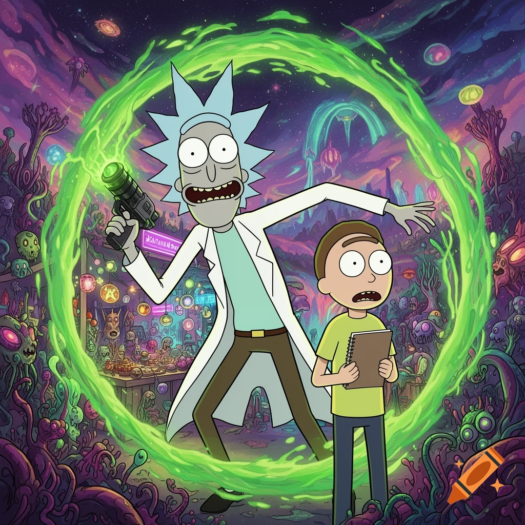 Rick Sanchez and Morty Smith emerge from a glowing green portal into a vibrant, colorful alien world.