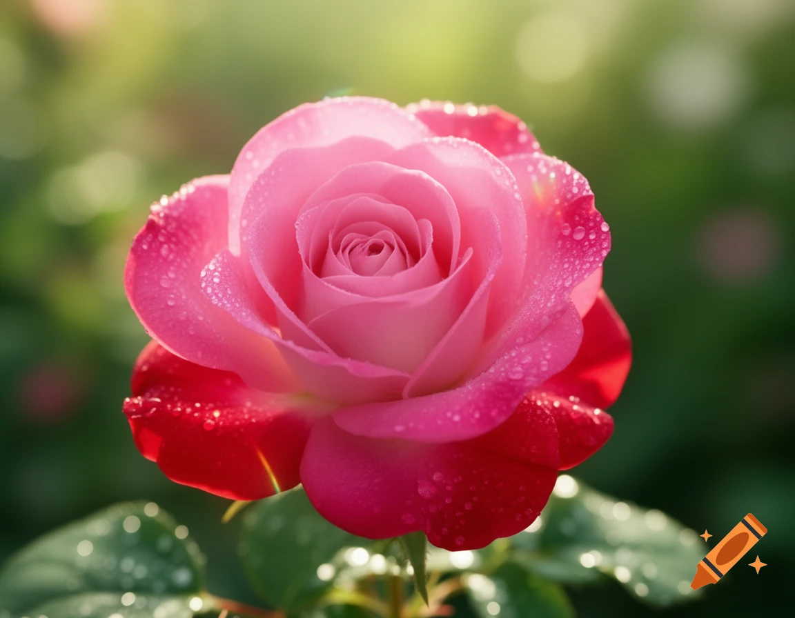 Close-up photorealistic shot of a vibrant pink rose with red undertones and dewdrops, bathed in soft sunlight in a garden.