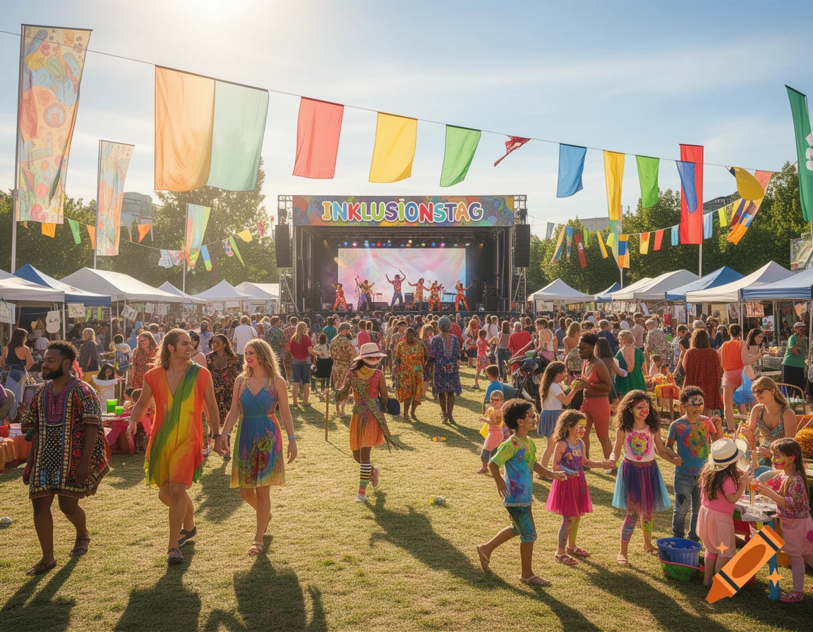 Vibrant outdoor festival with diverse crowds, children, colorful banners, and a stage with performers.
