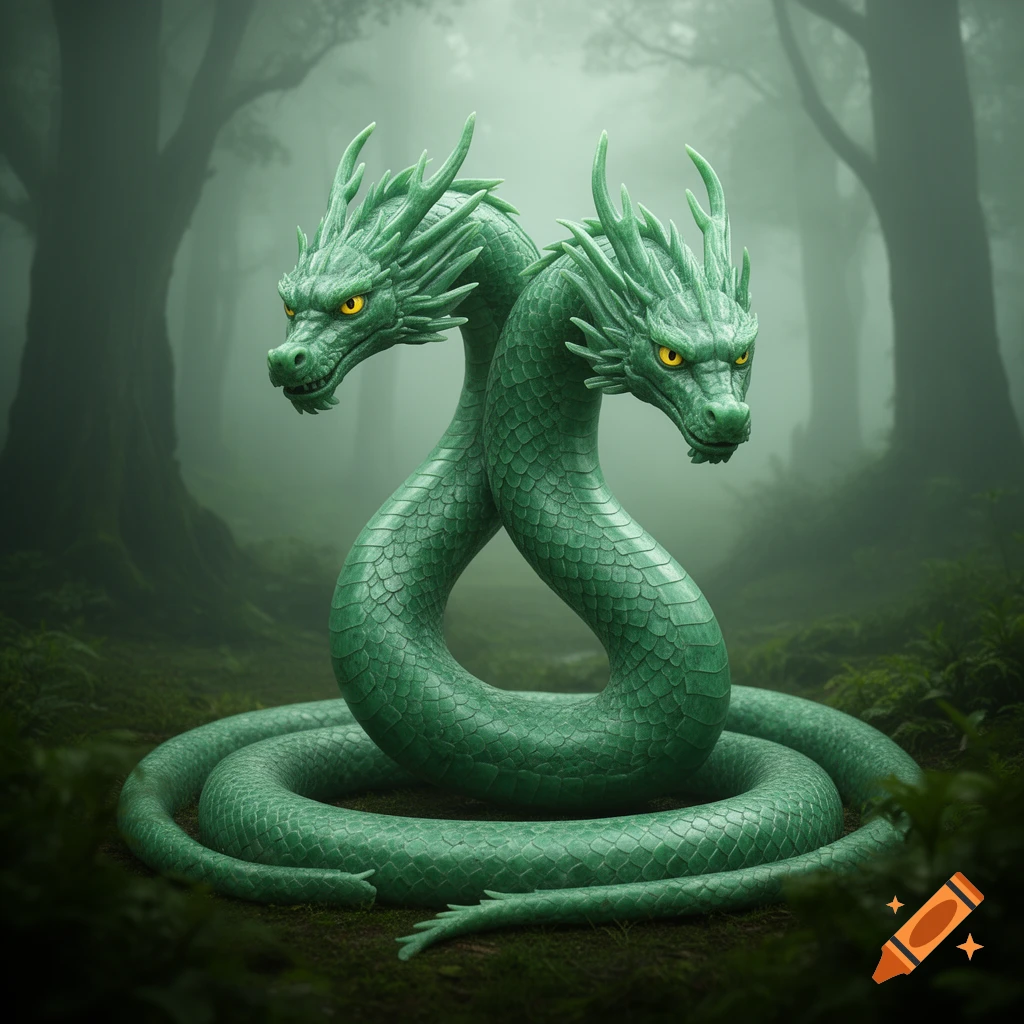 A jade green, two-headed dragon with yellow eyes coiled in a misty, dark forest.