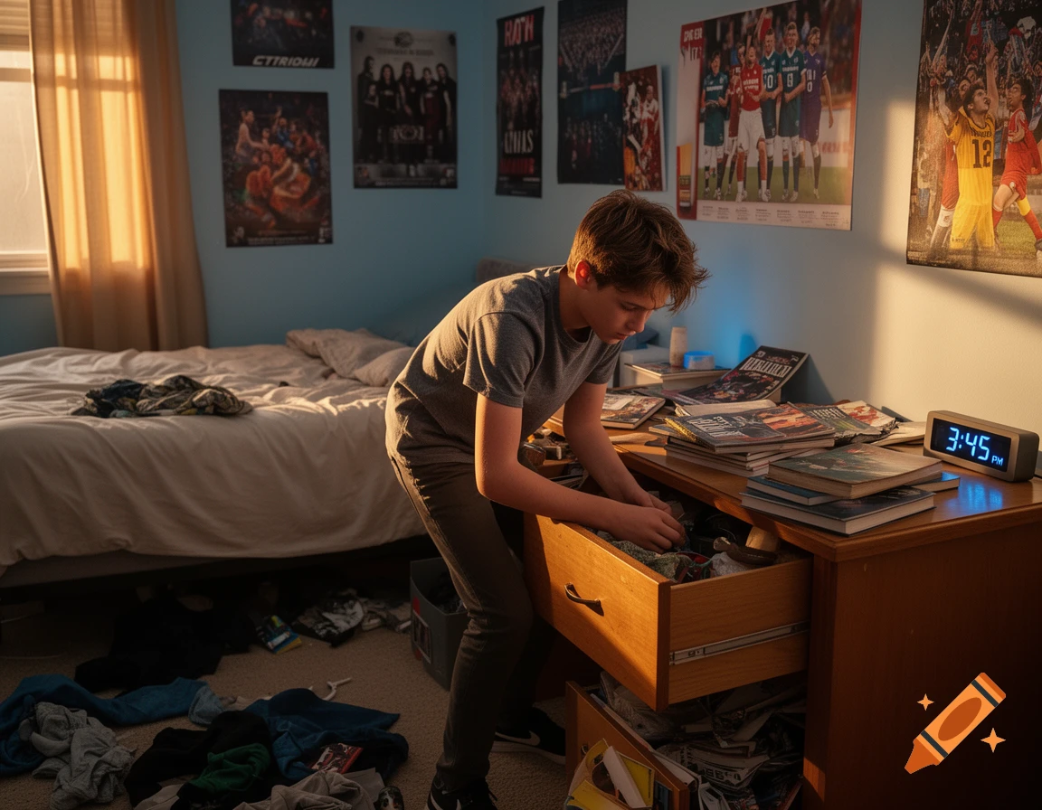 A teenage boy in a messy bedroom looks through a drawer of a wooden desk. Clothes are strewn on the floor, and posters adorn the light blue walls.
