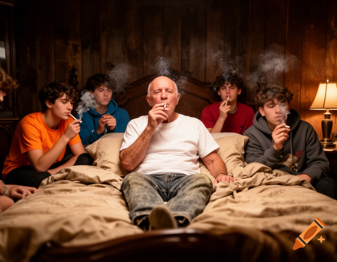 An older bald man and four young men sit in a bed, smoking, in a dimly lit bedroom. Photorealistic style.