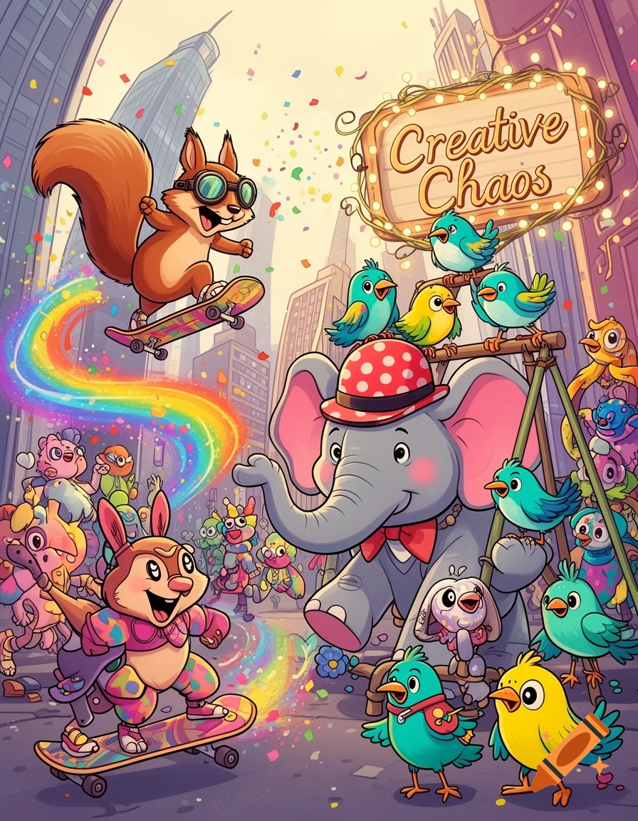 A vibrant cartoon illustration of a squirrel and a rabbit skateboarding through a city parade with an elephant and birds, surrounded by confetti.