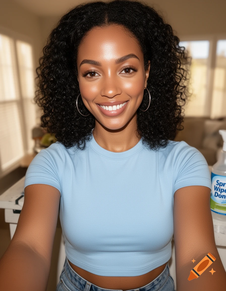 A smiling woman with curly hair and hoop earrings takes a selfie, wearing a light blue crop top. Photorealistic.