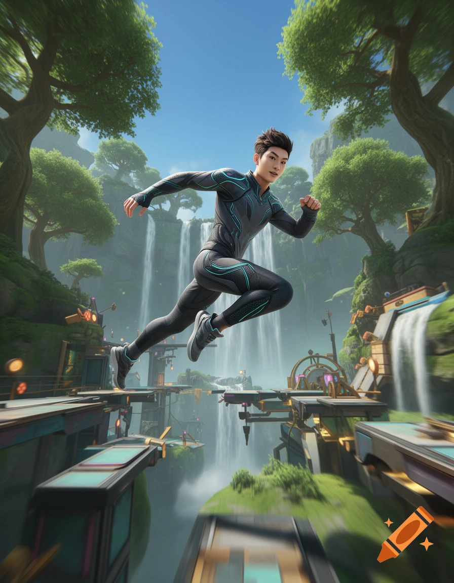 A male character in a futuristic suit jumps across platforms over waterfalls in a lush, fantastical sci-fi environment.