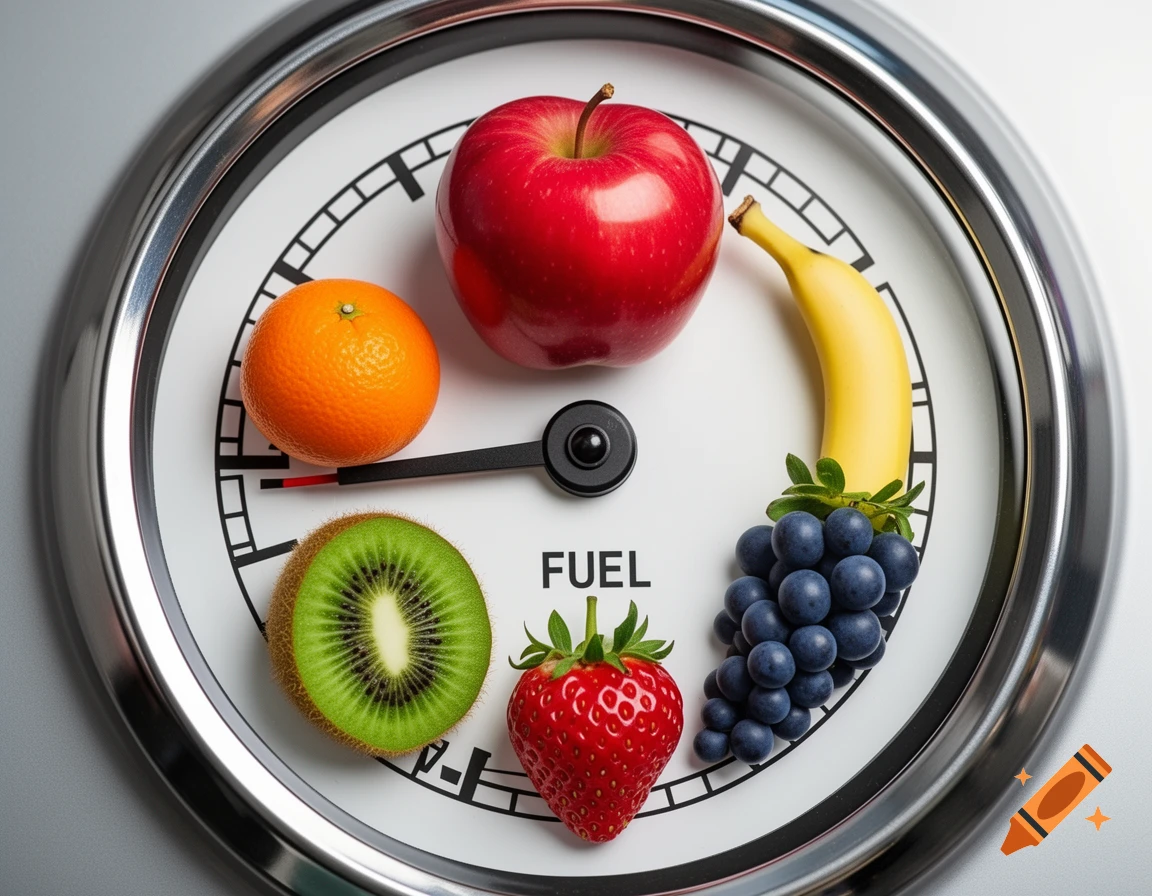 A close-up, photorealistic view of a fuel gauge, where various fresh fruits like an apple, orange, kiwi, strawberry, grapes, and a banana replace the traditional numbers. The word "FUEL" is centered at the bottom.