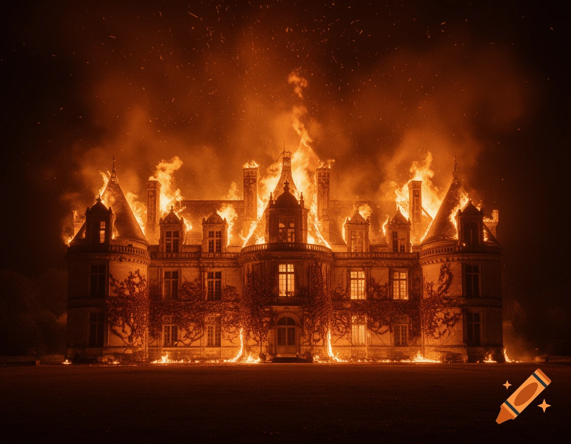 A large, ornate chateau engulfed in bright orange flames and smoke at night, with embers rising into the dark sky.