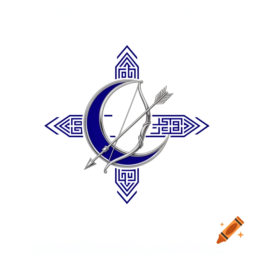 A stylized blue crescent moon and a silver bow and arrow are centered, surrounded by blue geometric patterns on a white background.