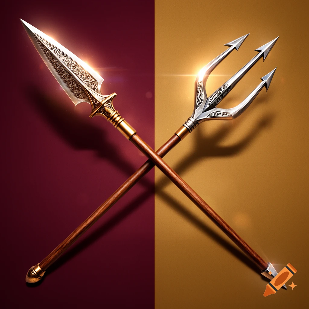 A detailed spear with ornate patterns crosses a trident against a split burgundy and gold background, both glowing.
