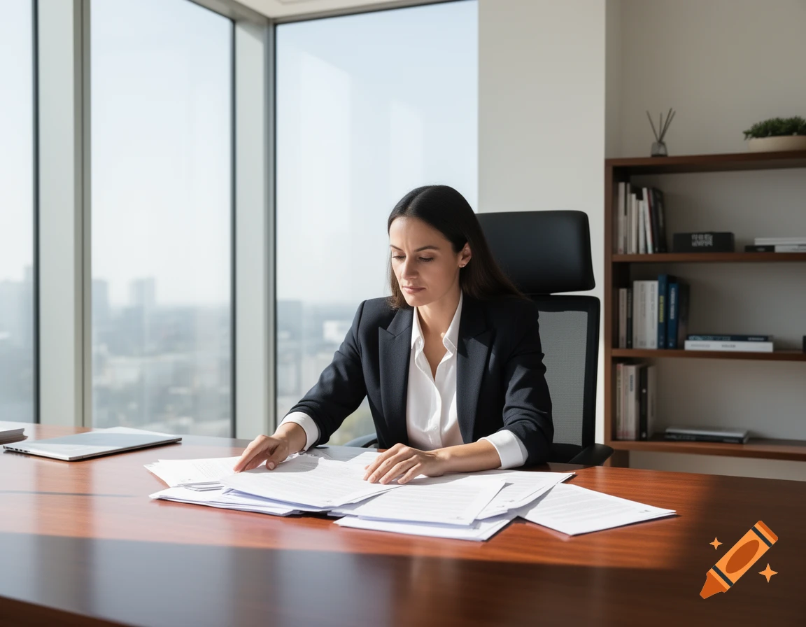 A professional woman in a blazer sits at a large desk in a modern office, looking at documents with a city view outside the window.