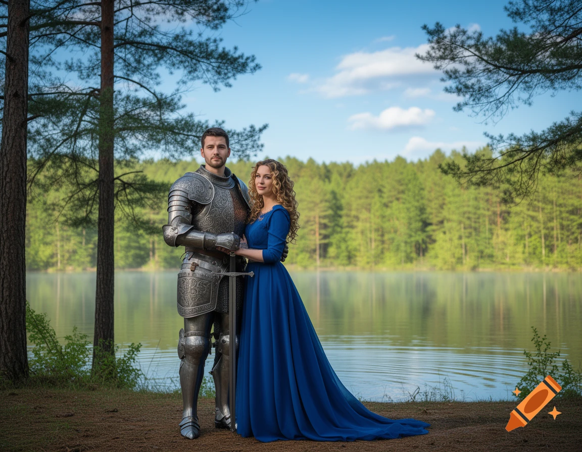 A man in knight armor and a woman in a blue gown stand by a serene lake in a forest.