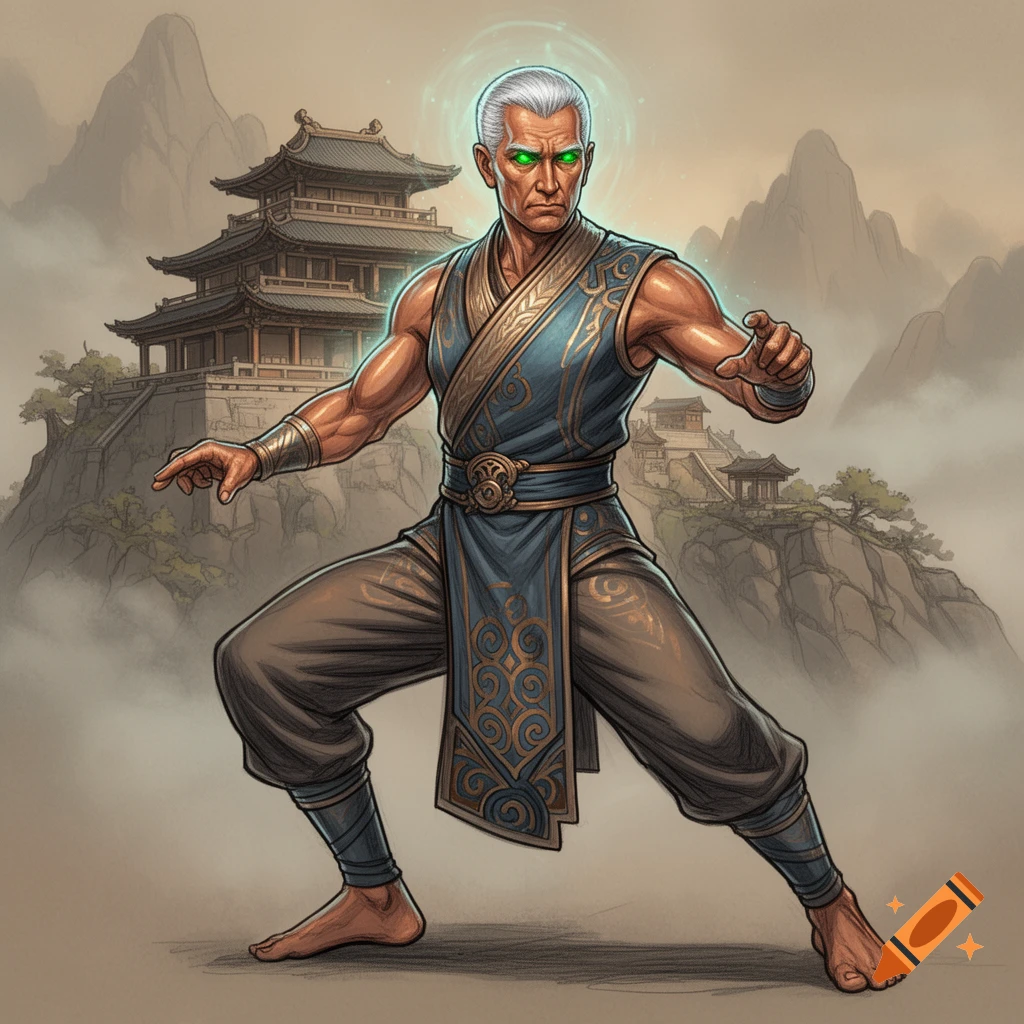 An illustrated male D&D monk with silver hair, glowing green eyes, and a blue and gold outfit in a martial arts pose before a misty mountain temple.