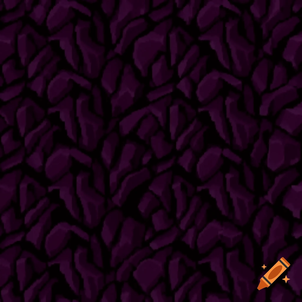 Seamless dark purple and black pixel art texture of volcanic obsidian rocks.