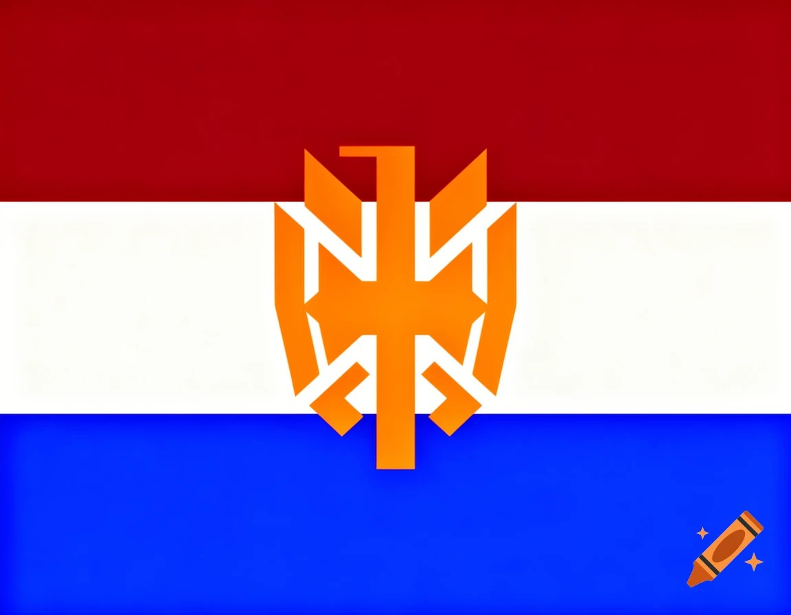 A flag with horizontal red, white, and blue stripes, featuring a stylized orange emblem in the center.