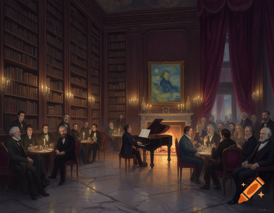 An old-world salon with men gathered around tables, a pianist playing, and a fireplace under a Van Gogh-style painting, illuminated by candlelight.