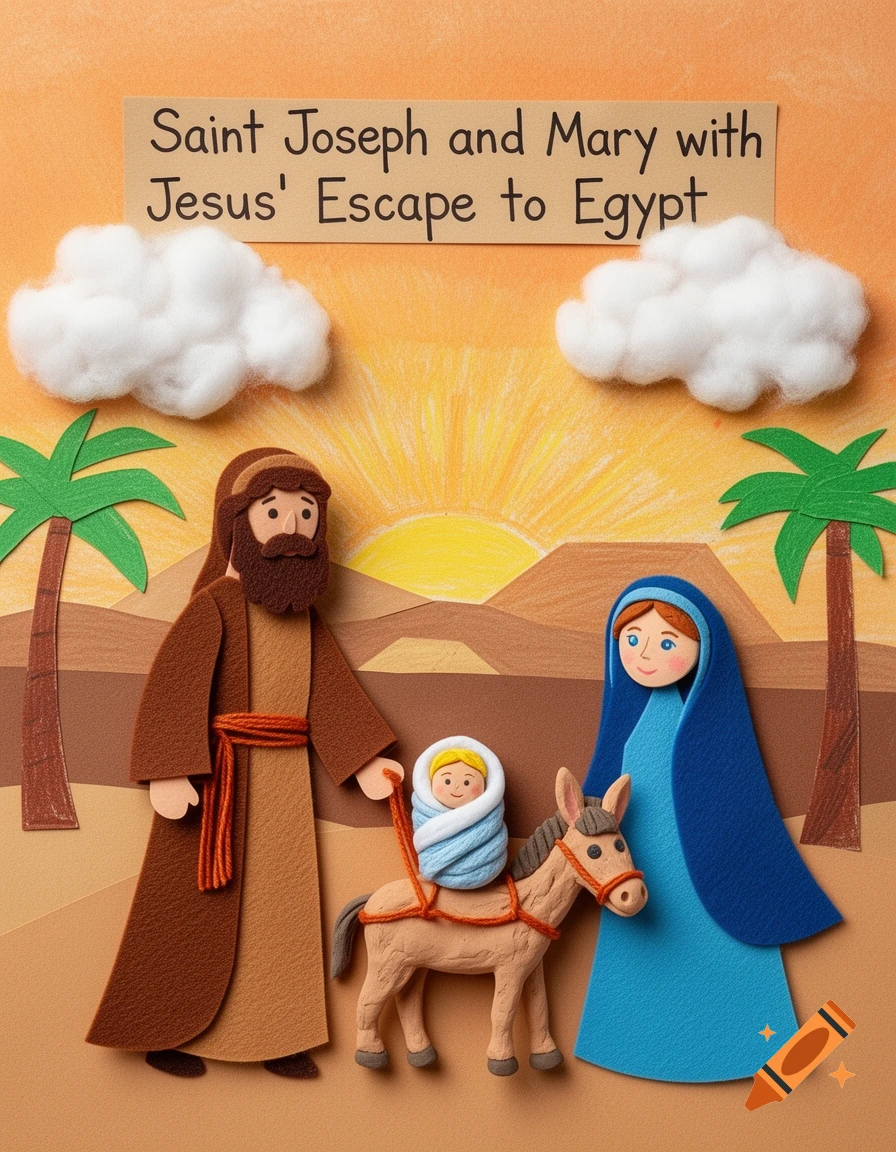 A felt and paper craft illustration of Saint Joseph, Mary, and baby Jesus on a donkey, escaping to Egypt. Clouds and palm trees dot the desert landscape under a sunrise.