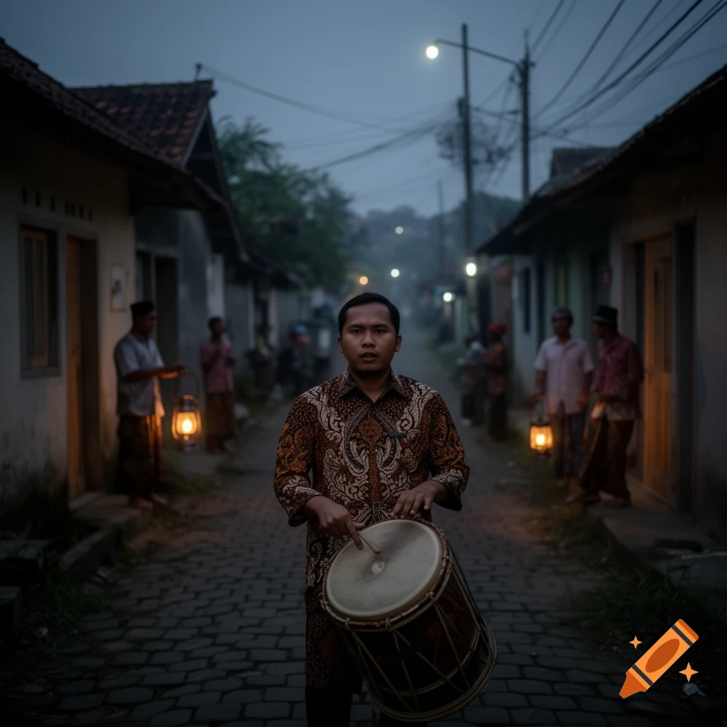 A man in a patterned batik shirt holds a drum on a cobblestone street at dusk, with villagers carrying lanterns in the background.