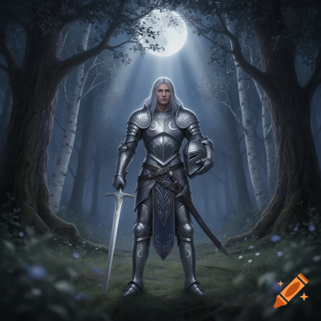 A silver-armored knight with long silver hair stands in a dark, moonlit forest, holding a sword and helmet.