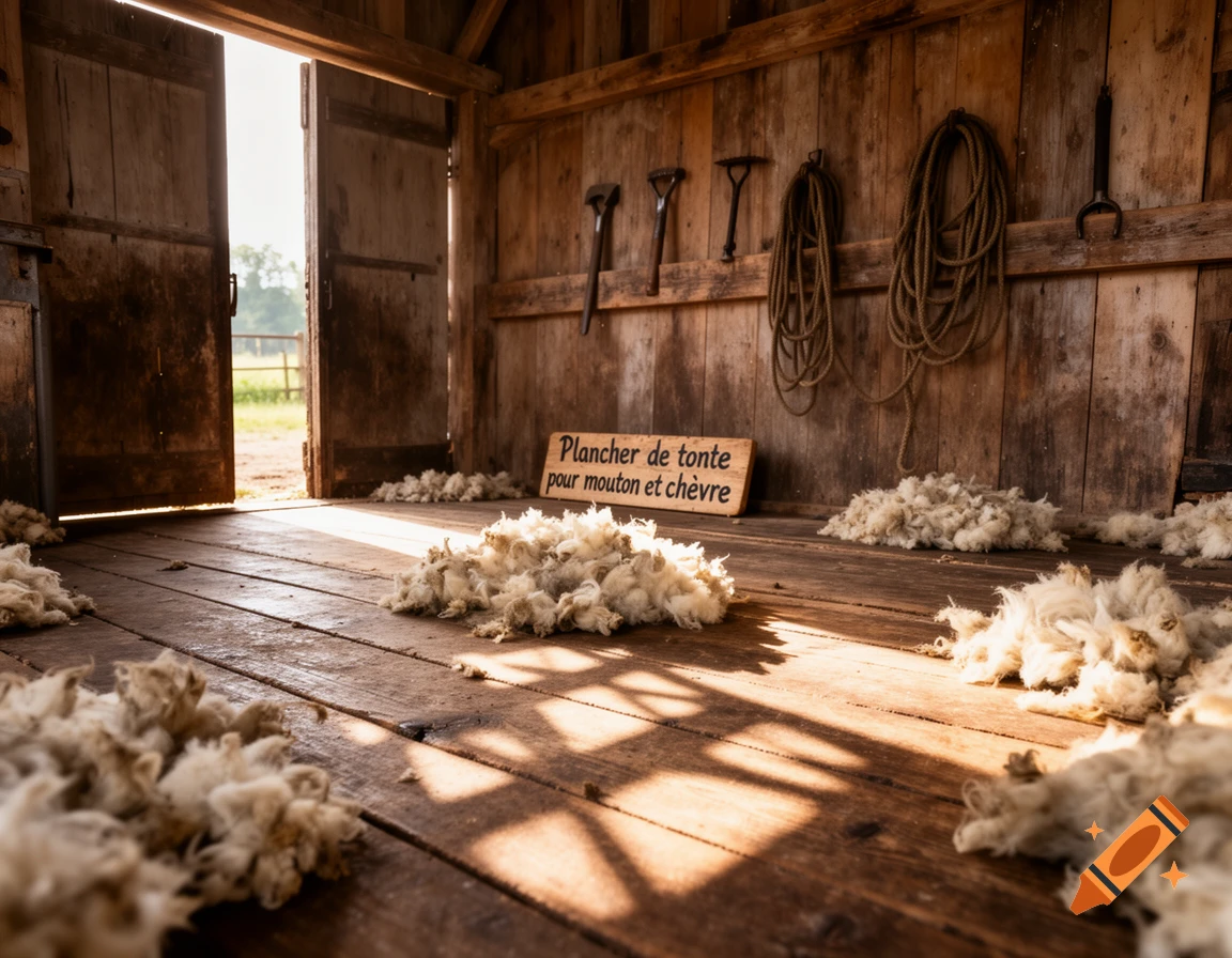 Rustic wooden shearing shed interior with piles of wool on the floor, farm tools on the wall, and an open doorway to a sunny field.