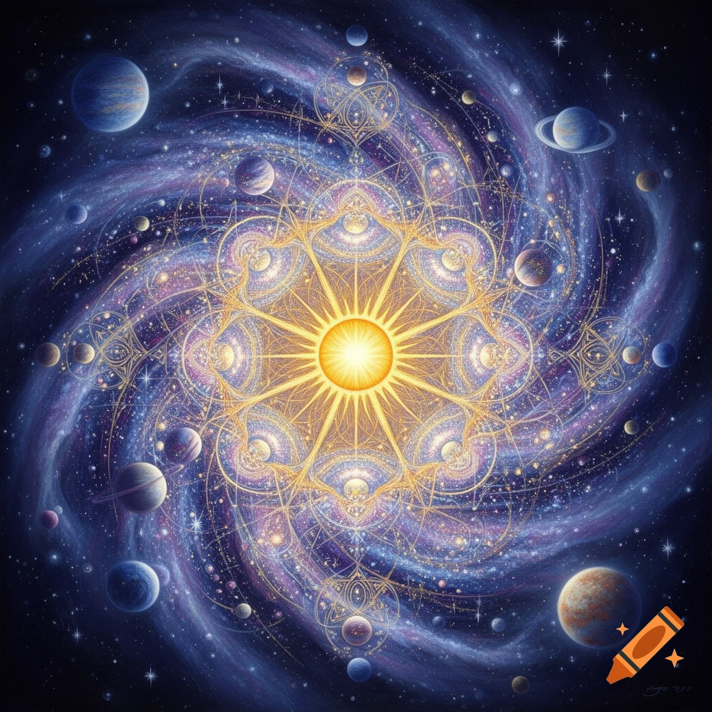 Vibrant, intricate golden mandala centered in a swirling purple and blue galaxy with colorful planets and stars.