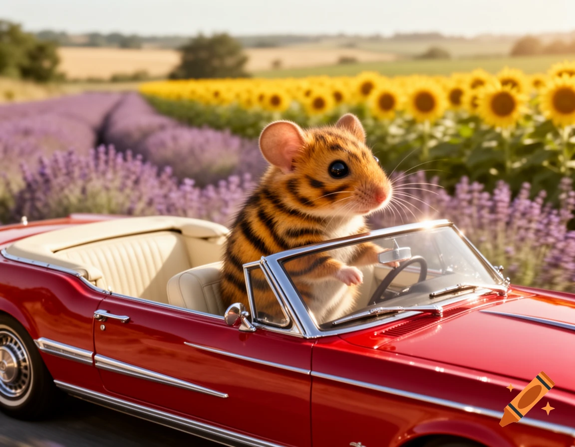 A cute striped mouse drives a red convertible car through fields of lavender and sunflowers under a sunny sky.