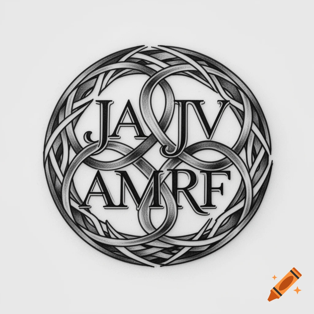 Black and white Celtic knot design forming a circular emblem, incorporating the initials JA, JV, AM, and RF.