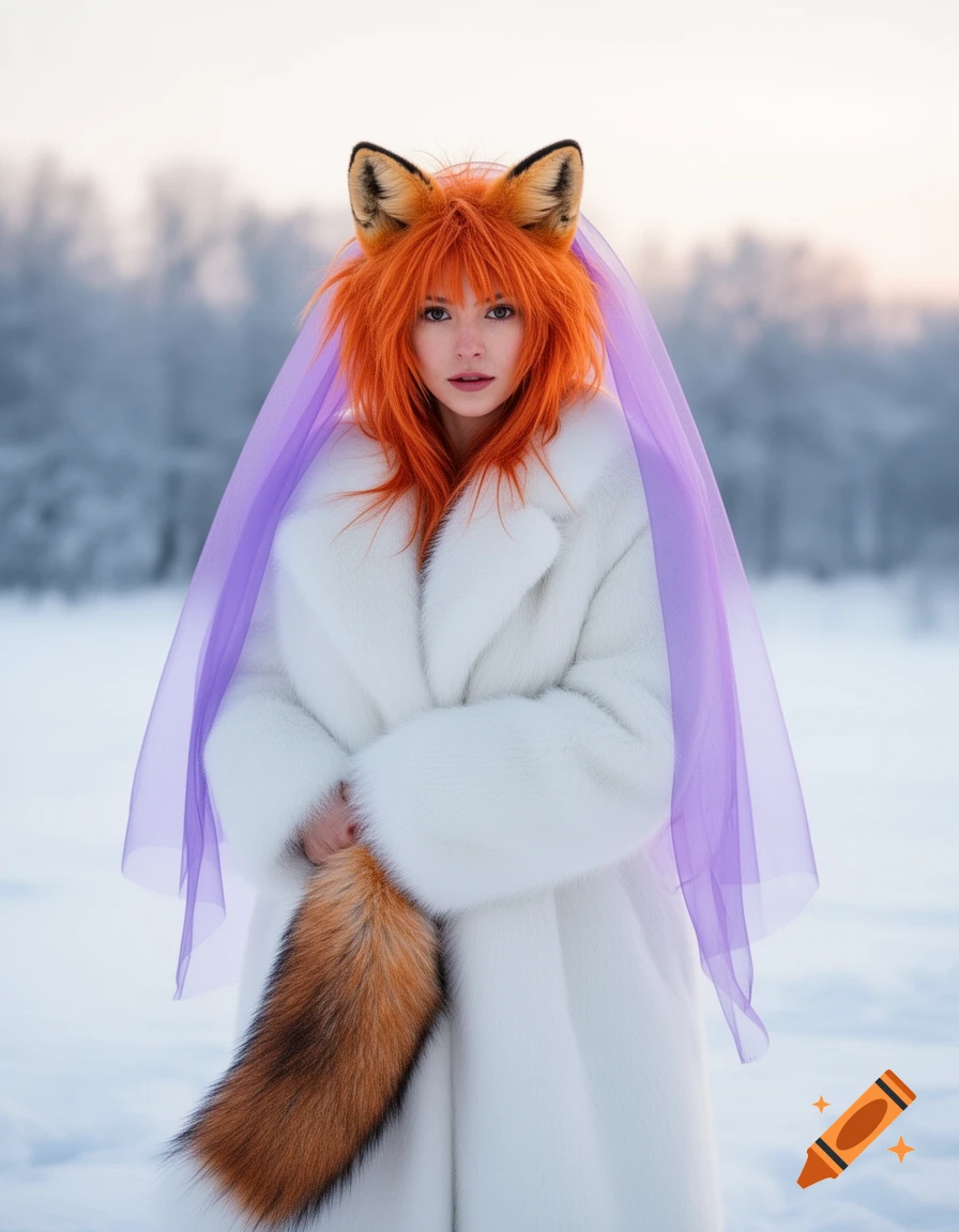 A woman with shaggy orange hair, fox ears, and a fur fox tail wears a white fur coat and purple veil in a snowy landscape.