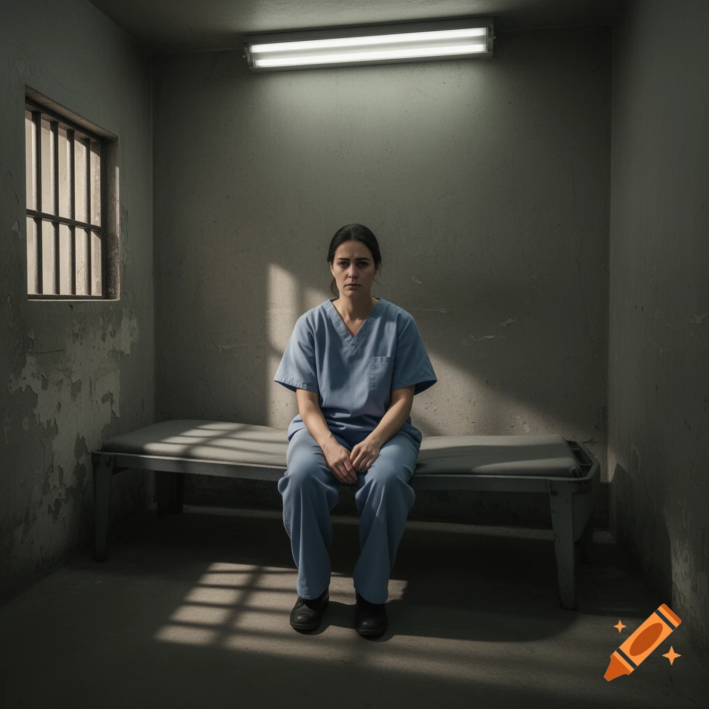 Photorealistic image of a woman in blue scrubs sitting on a bed in a stark prison cell, looking serious.