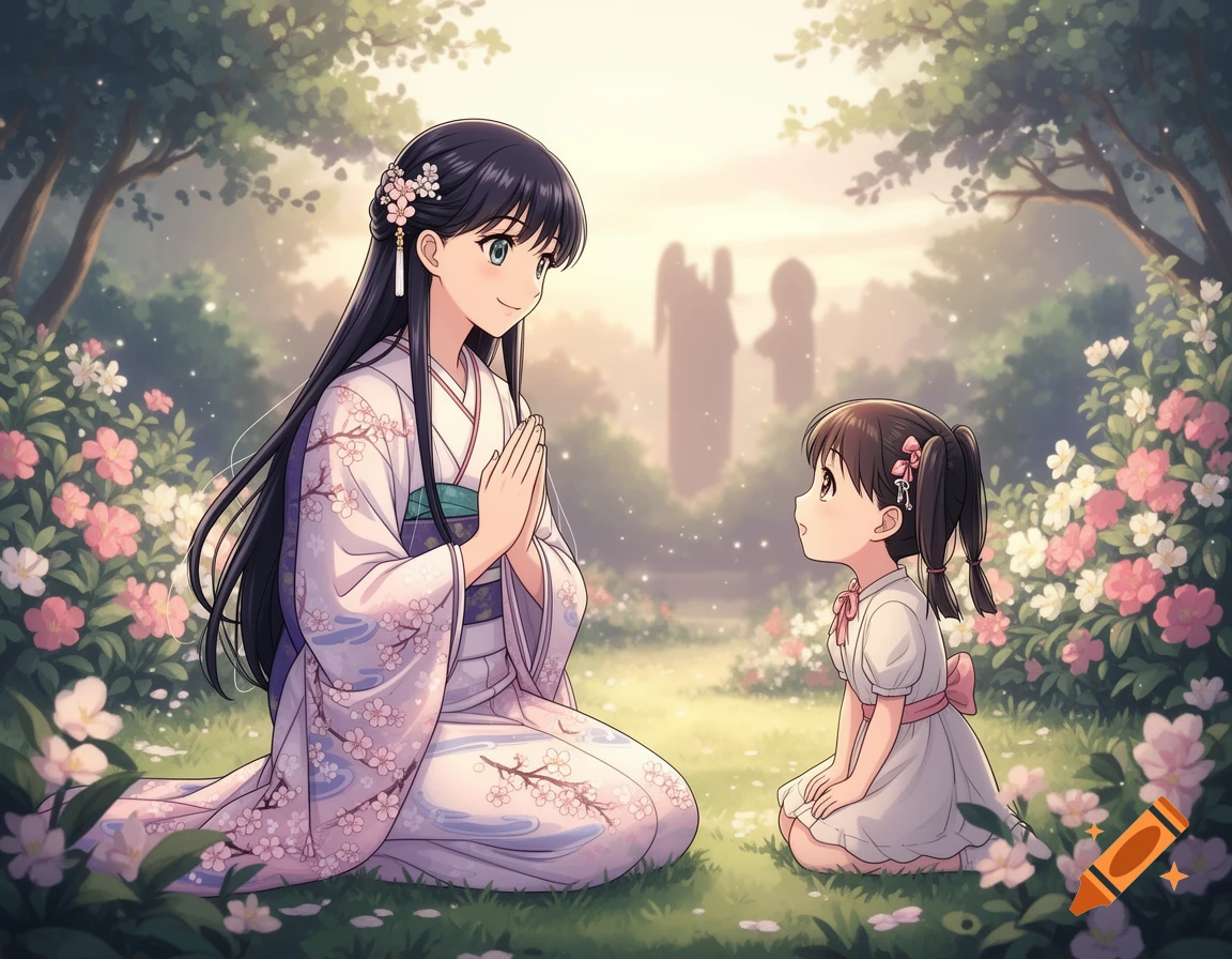 Anime woman in a kimono kneeling and praying or greeting a young girl in a lush garden with pink flowers.