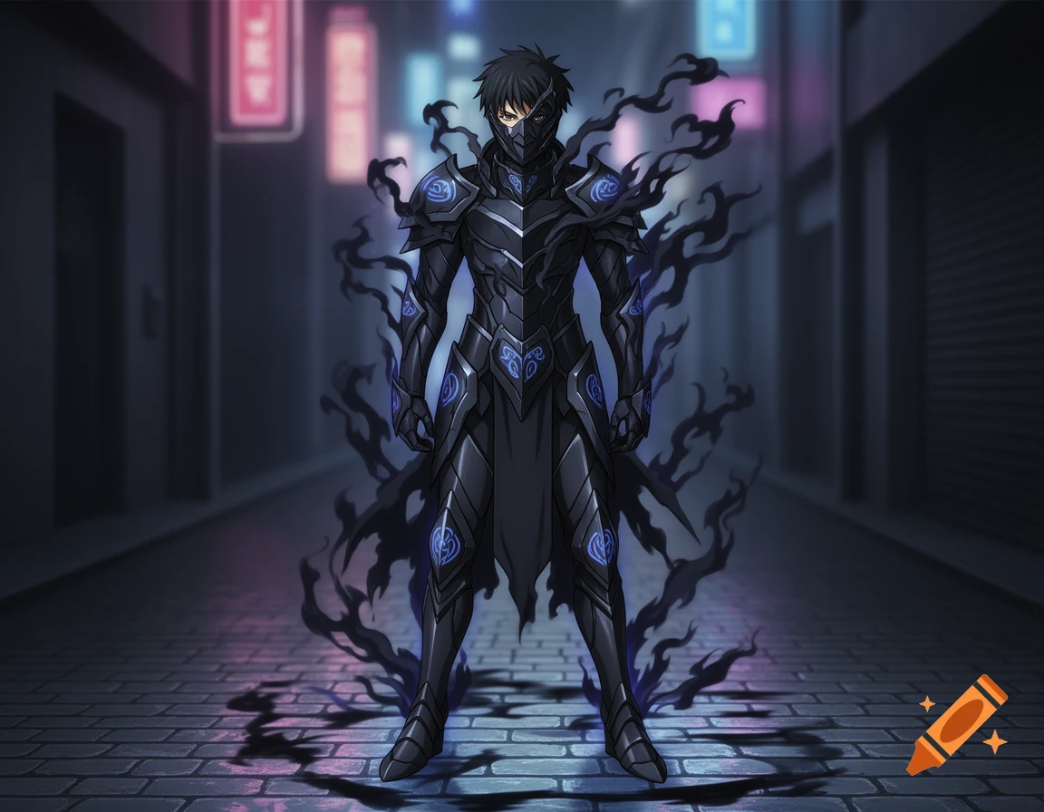 A dark-armored anime character with a mask and glowing eyes stands in a neon-lit alley with a shadow mist aura.