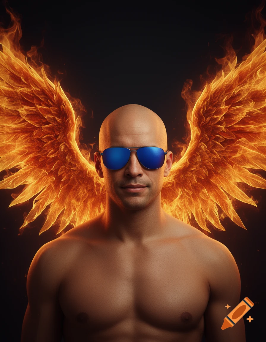 A shirtless bald man in blue sunglasses with large glowing phoenix wings against a dark background.