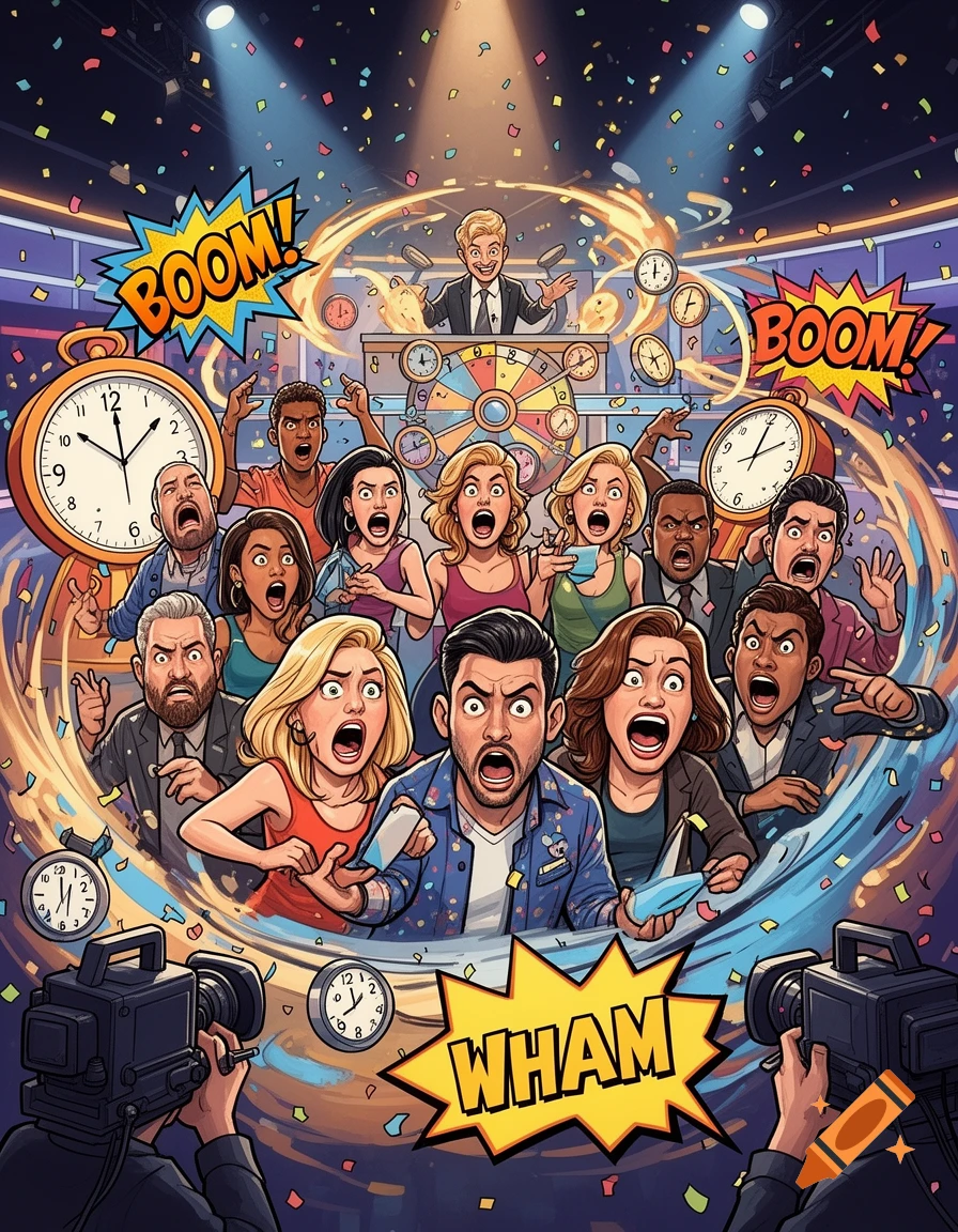 Cartoon illustration of a chaotic game show with a host and contestants reacting in shock and excitement, surrounded by clocks, confetti, and comic book sound effects.